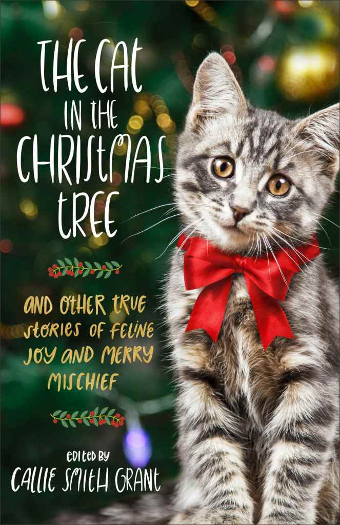 A grey and black striped kitten with bright light brown eyes wears a red Christmas bow and poses in front of a blurred Christmas tree. The title reads The Cat in the Christmas Tree: And Other True Stories of Feline Joy and Merry Mischief edited by Callie Smith Grant